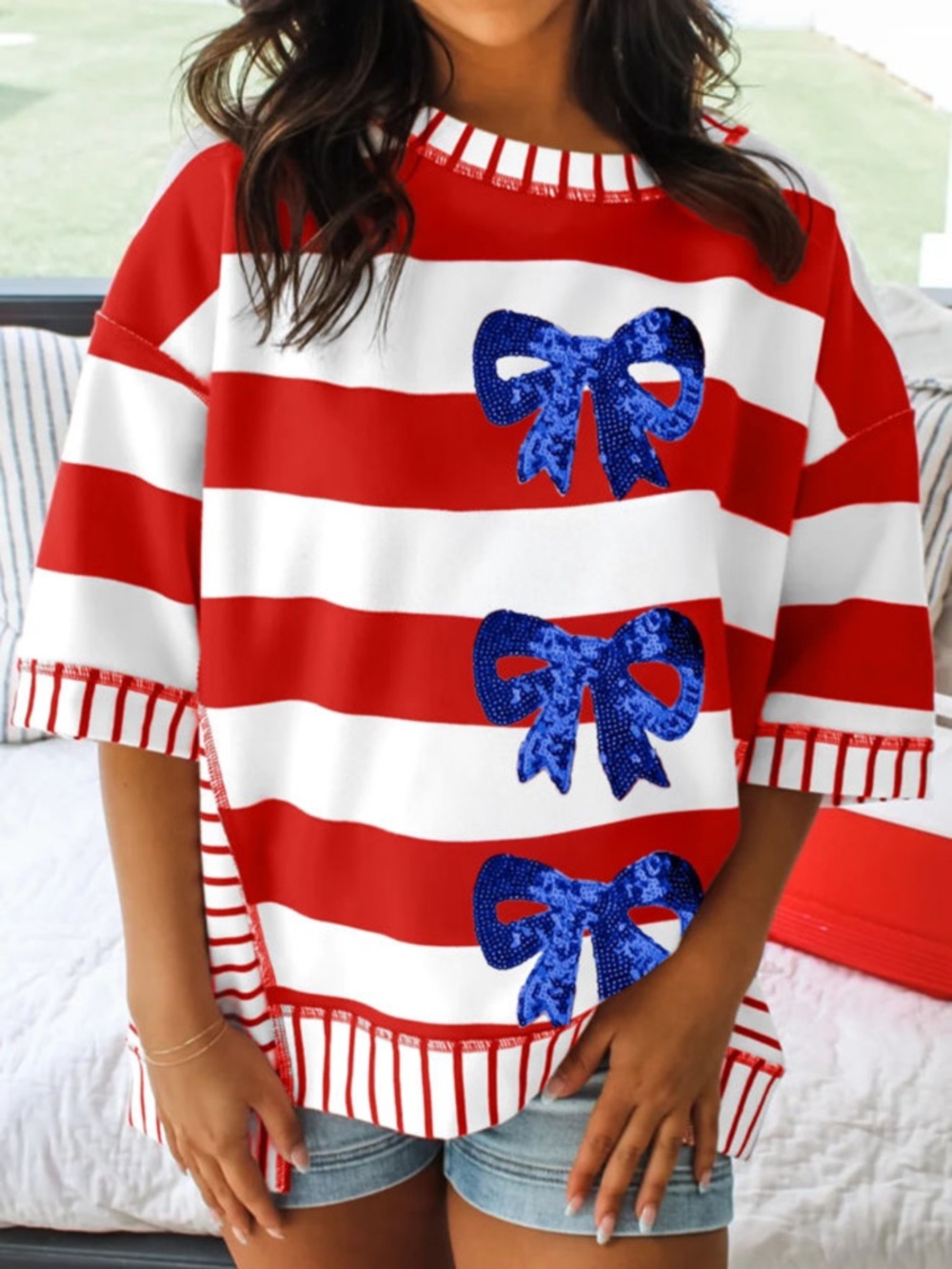 S1- (ETA MAY) Red & White Striped Tee with Blue Sequin Bows